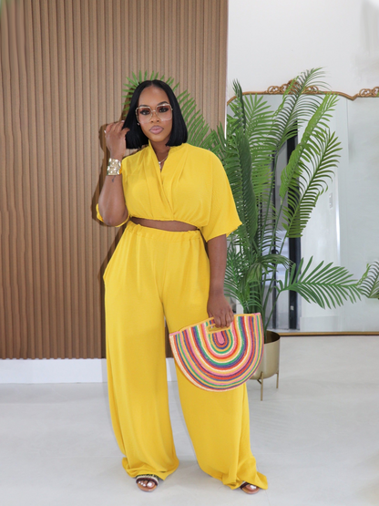 Collared Cropped Top & Wide-Leg Pants Vacation Style Set