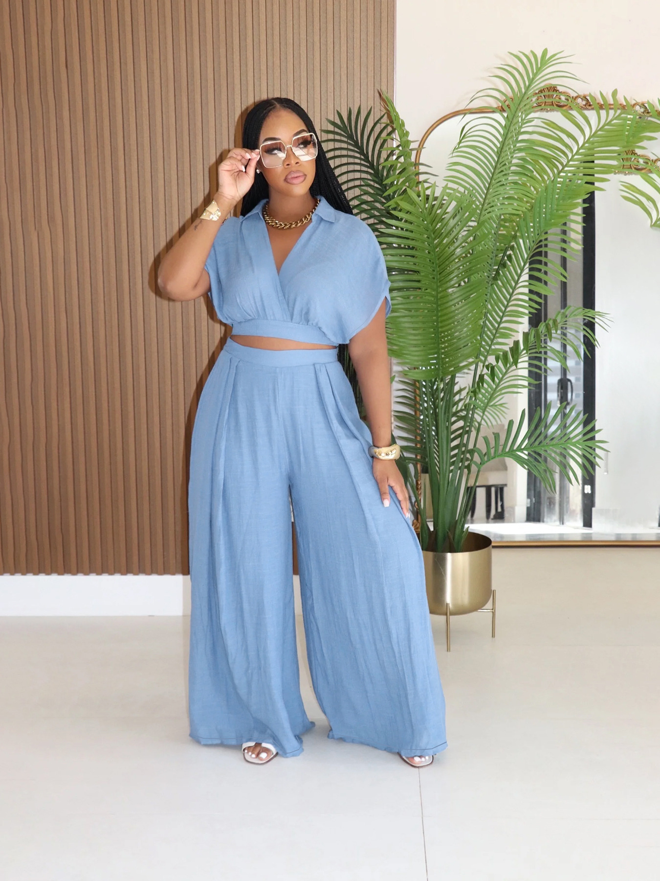 Collared Cropped Top & Wide-Leg Pants Vacation Style Set
