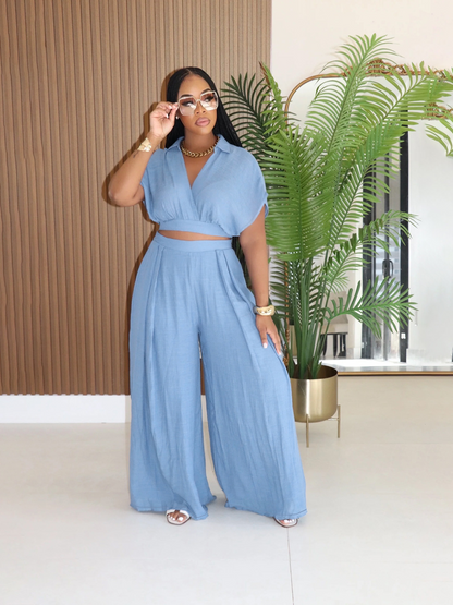 Collared Cropped Top & Wide-Leg Pants Vacation Style Set