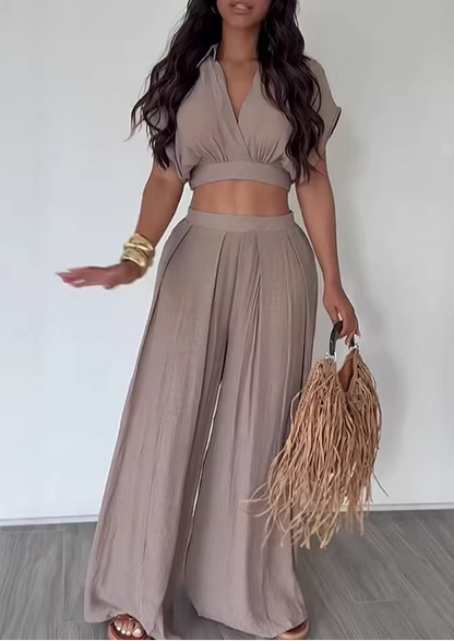 Collared Cropped Top & Wide-Leg Pants Vacation Style Set
