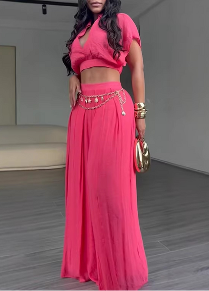 Collared Cropped Top & Wide-Leg Pants Vacation Style Set