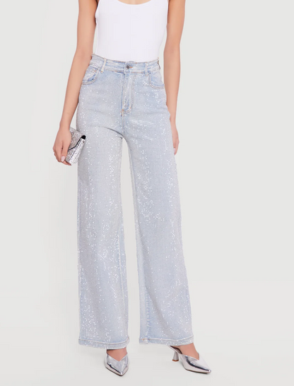 Rhinestone Studded High Waisted Straight Leg Jeans