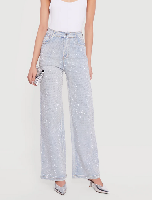 Rhinestone Studded High Waisted Straight Leg Jeans