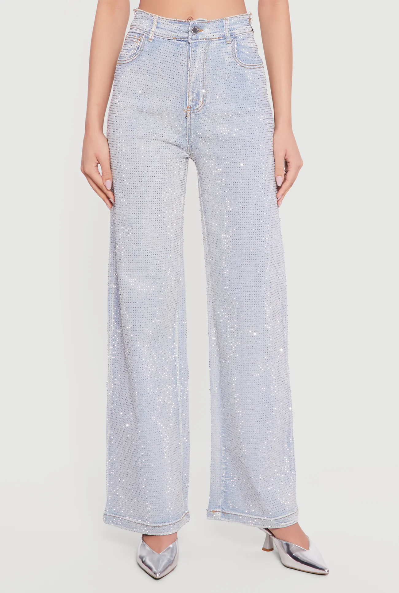 Rhinestone Studded High Waisted Straight Leg Jeans