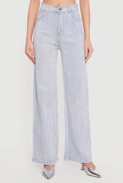 Rhinestone Studded High Waisted Straight Leg Jeans