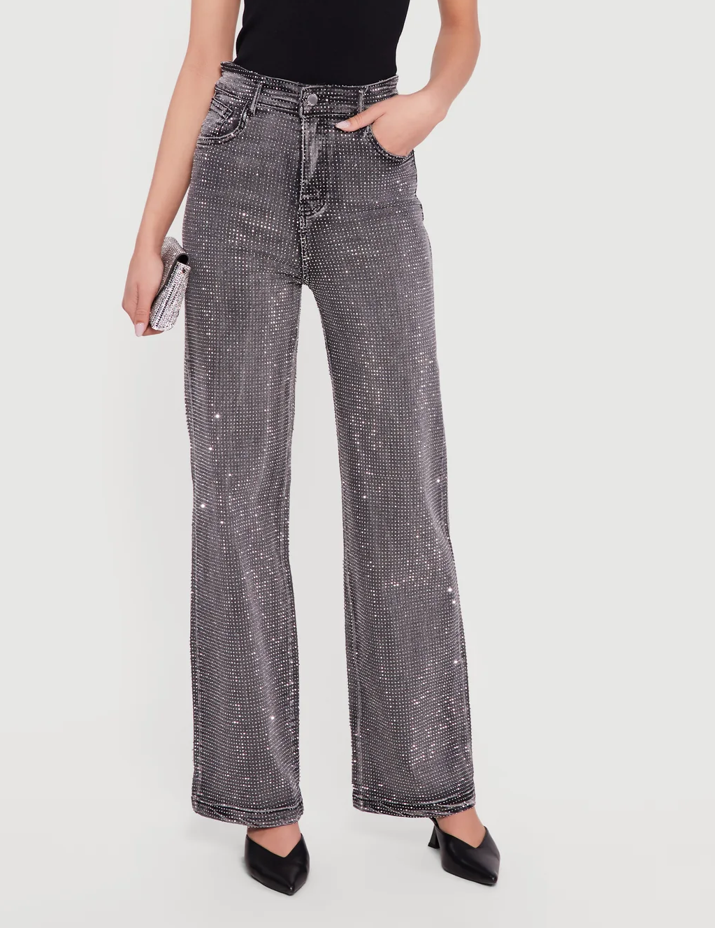 Rhinestone Studded High Waisted Straight Leg Jeans