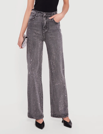 Rhinestone Studded High Waisted Straight Leg Jeans