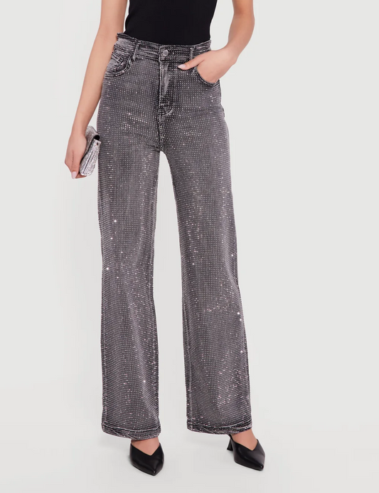 Rhinestone Studded High Waisted Straight Leg Jeans