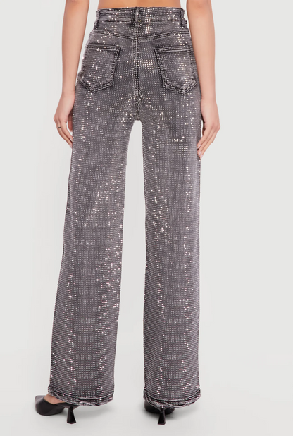 Rhinestone Studded High Waisted Straight Leg Jeans