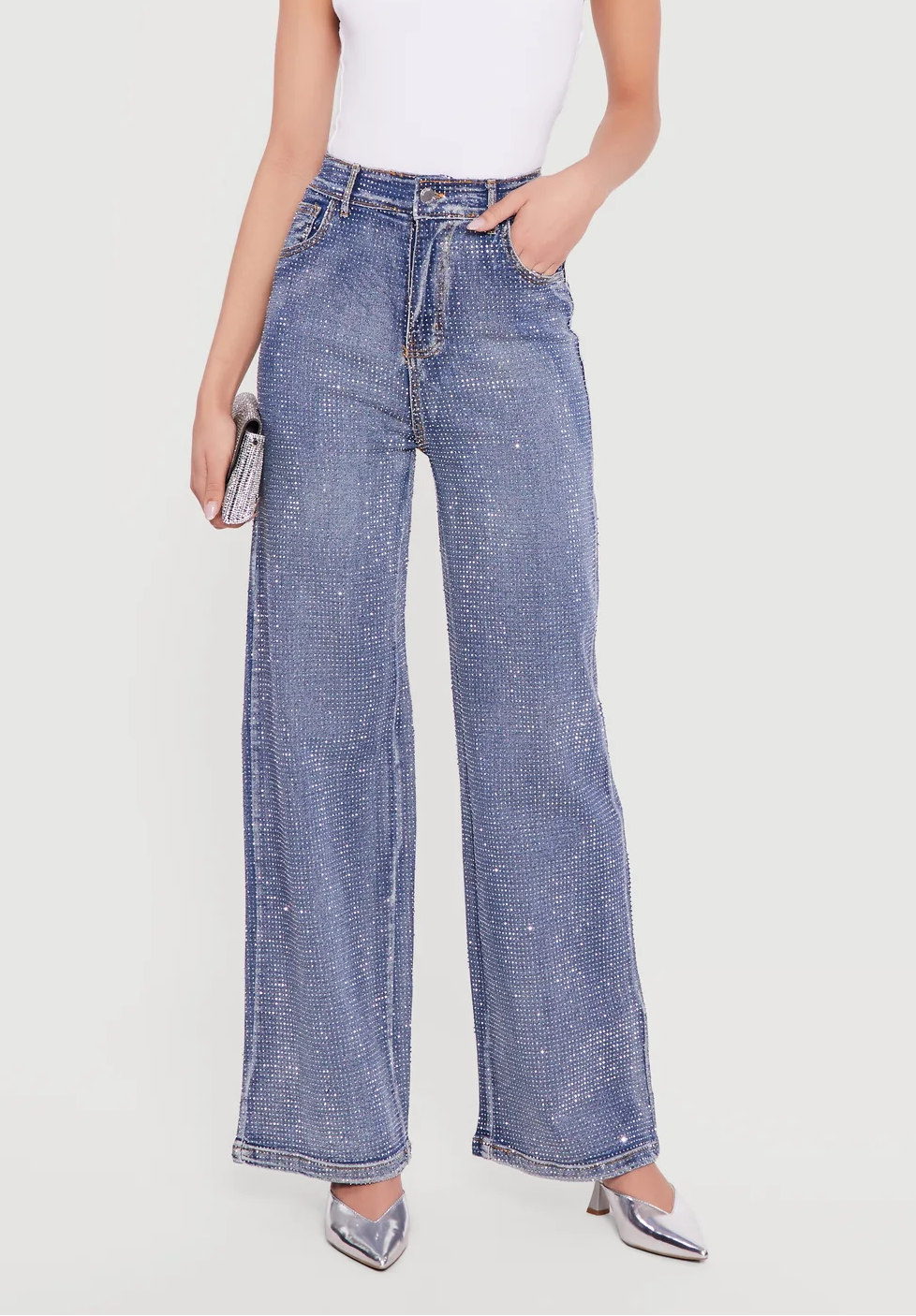 Rhinestone Studded High Waisted Straight Leg Jeans