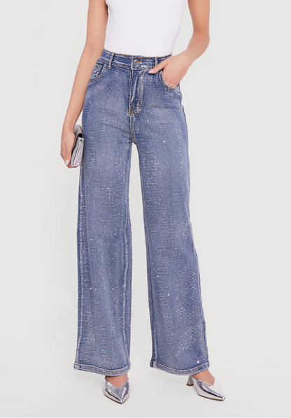 Rhinestone Studded High Waisted Straight Leg Jeans