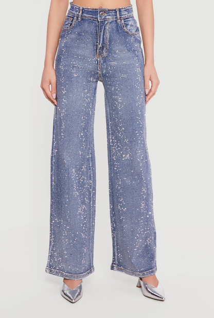 Rhinestone Studded High Waisted Straight Leg Jeans