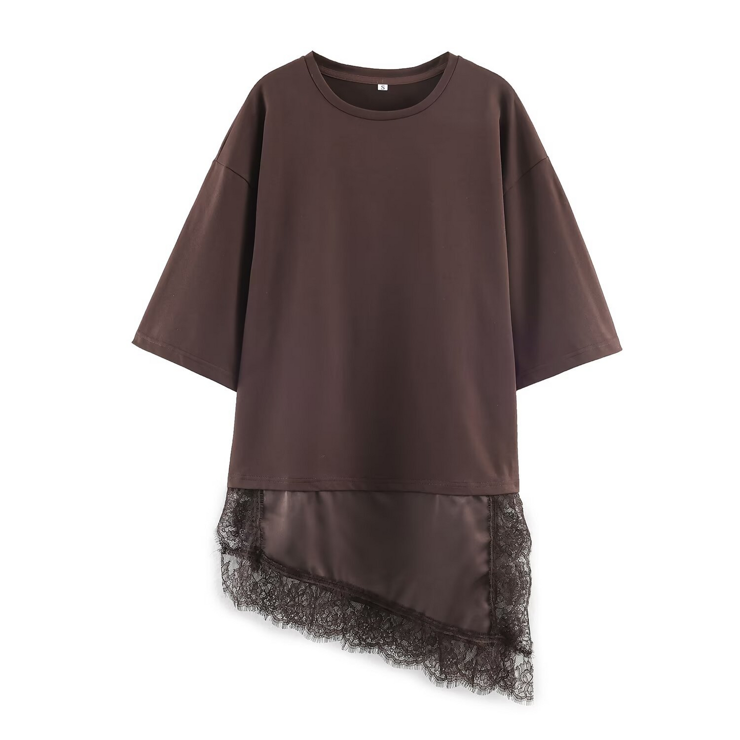 Round Neck Short-Sleeved Patchwork Lace T-Shirt Top