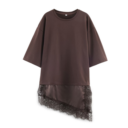 Round Neck Short-Sleeved Patchwork Lace T-Shirt Top