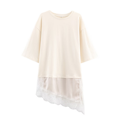 Round Neck Short-Sleeved Patchwork Lace T-Shirt Top