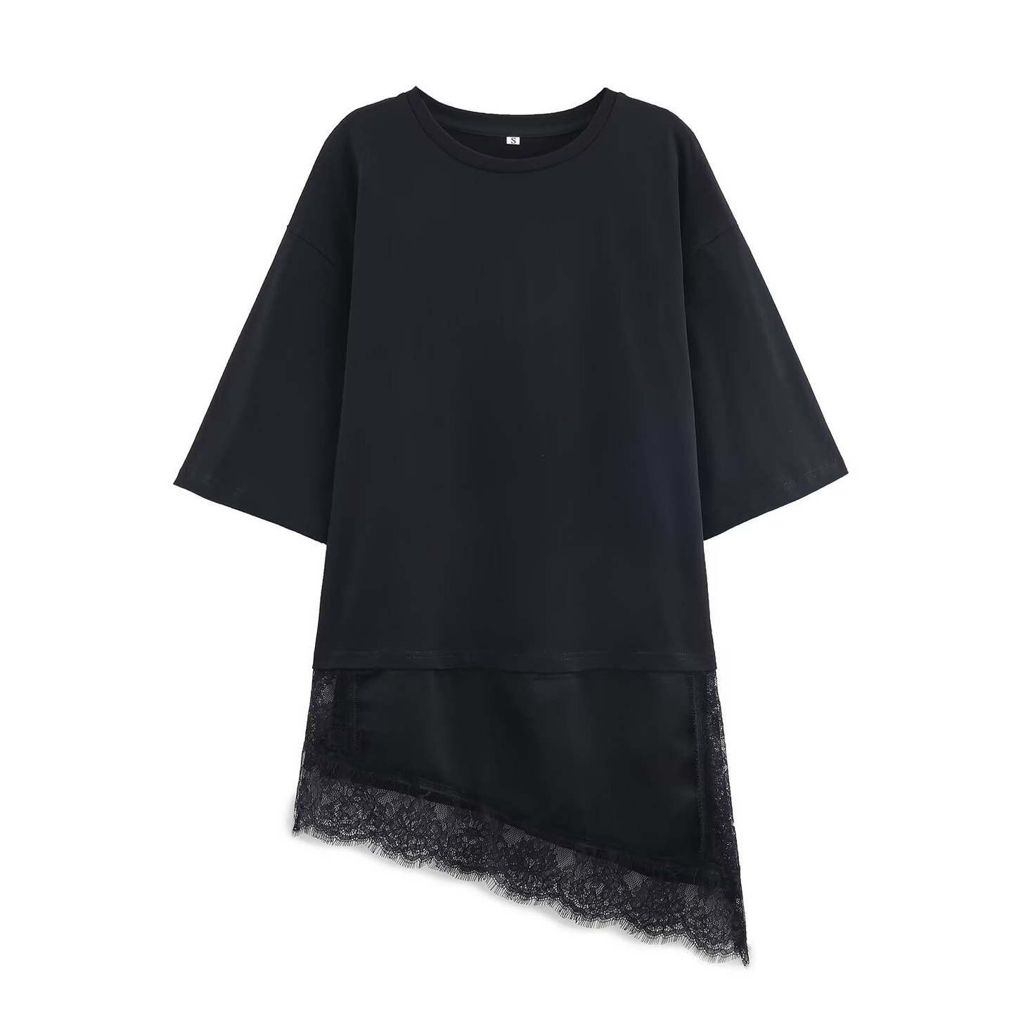 Round Neck Short-Sleeved Patchwork Lace T-Shirt Top