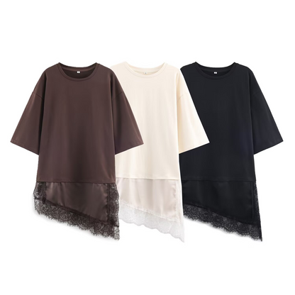 Round Neck Short-Sleeved Patchwork Lace T-Shirt Top