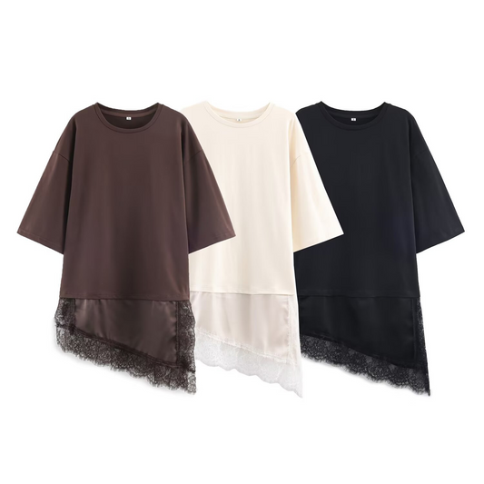 Round Neck Short-Sleeved Patchwork Lace T-Shirt Top