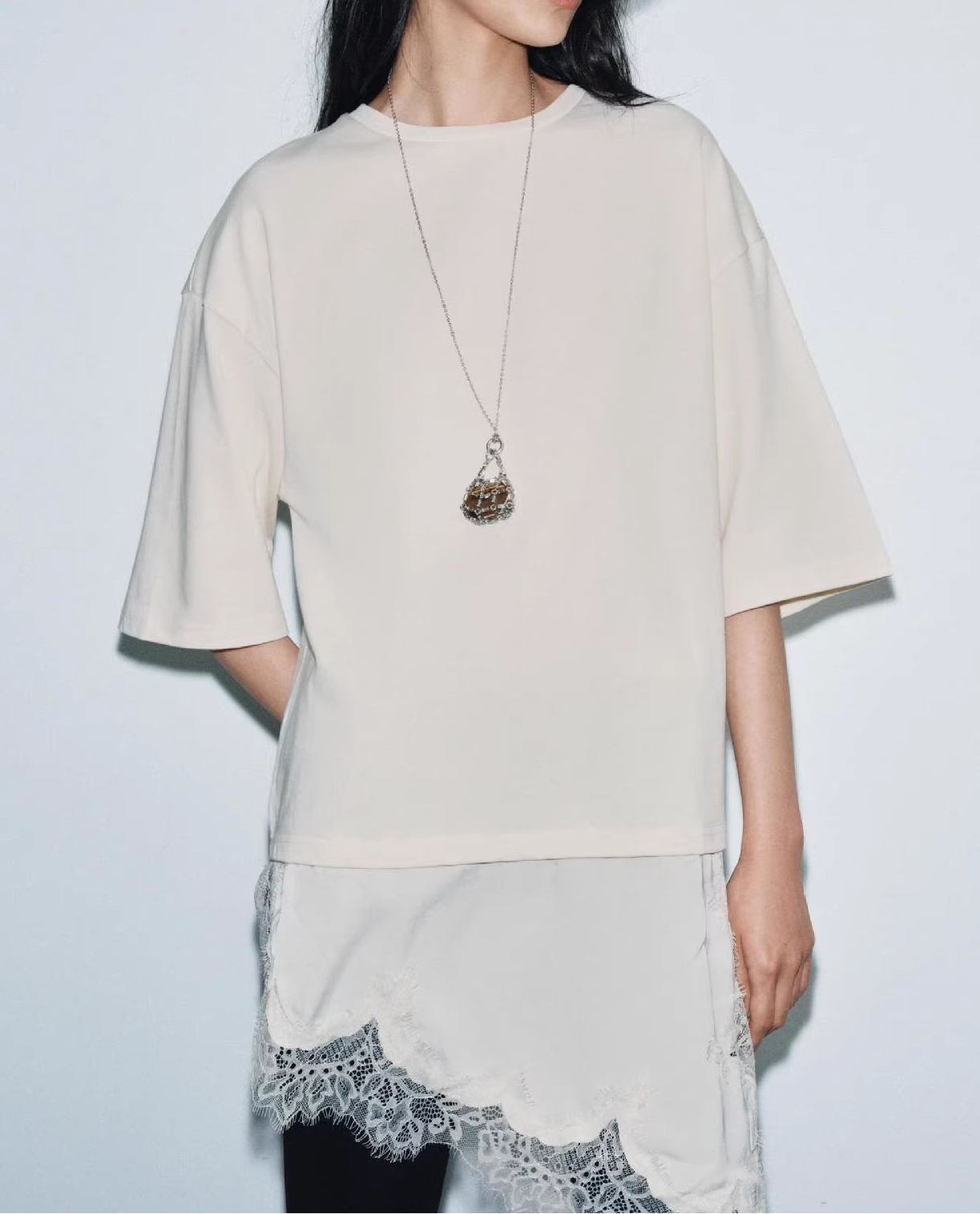 Round Neck Short-Sleeved Patchwork Lace T-Shirt Top