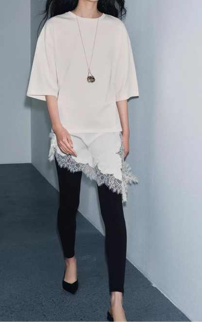 Round Neck Short-Sleeved Patchwork Lace T-Shirt Top