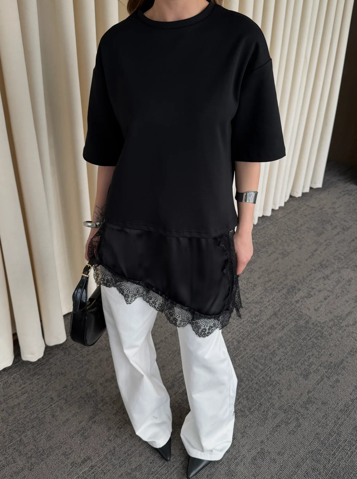 Round Neck Short-Sleeved Patchwork Lace T-Shirt Top