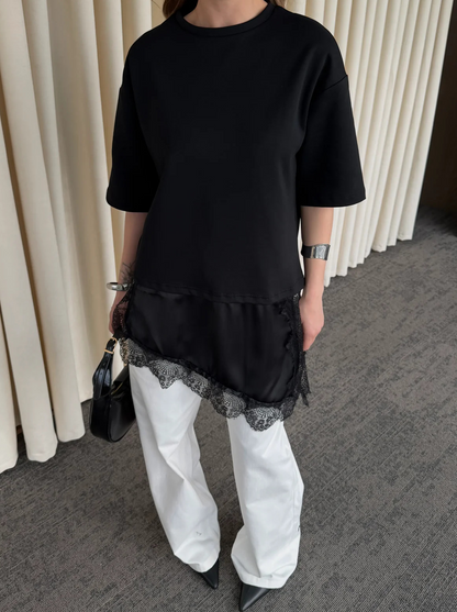 Round Neck Short-Sleeved Patchwork Lace T-Shirt Top