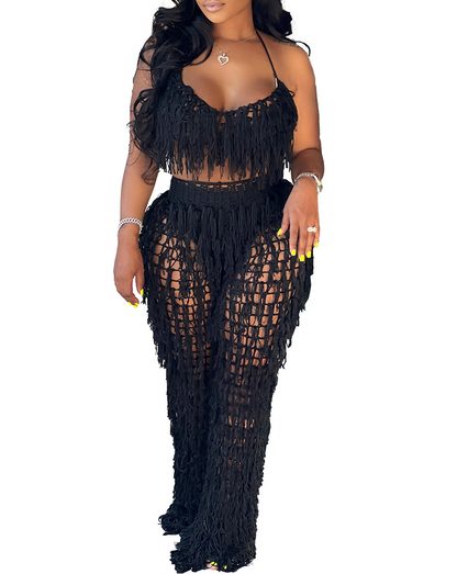 Sheer Knitted Hand-Crochet Tassel Beach Set