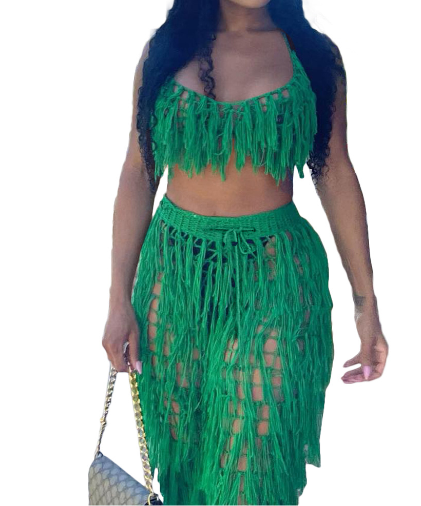 Sheer Knitted Hand-Crochet Tassel Beach Set