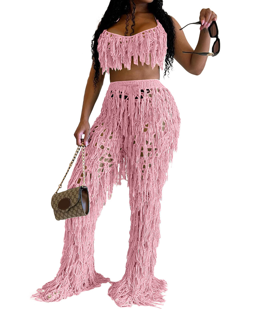 Sheer Knitted Hand-Crochet Tassel Beach Set
