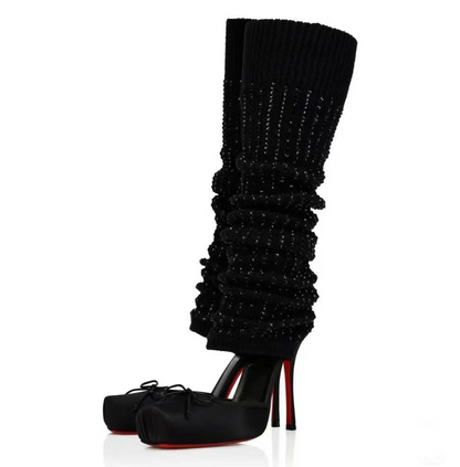 Square-Toe Rhinestone Bow Ballet Knit Sock Boots