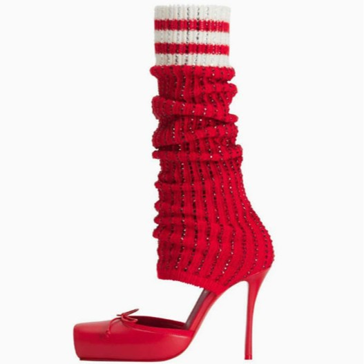 Square-Toe Rhinestone Bow Ballet Knit Sock Boots