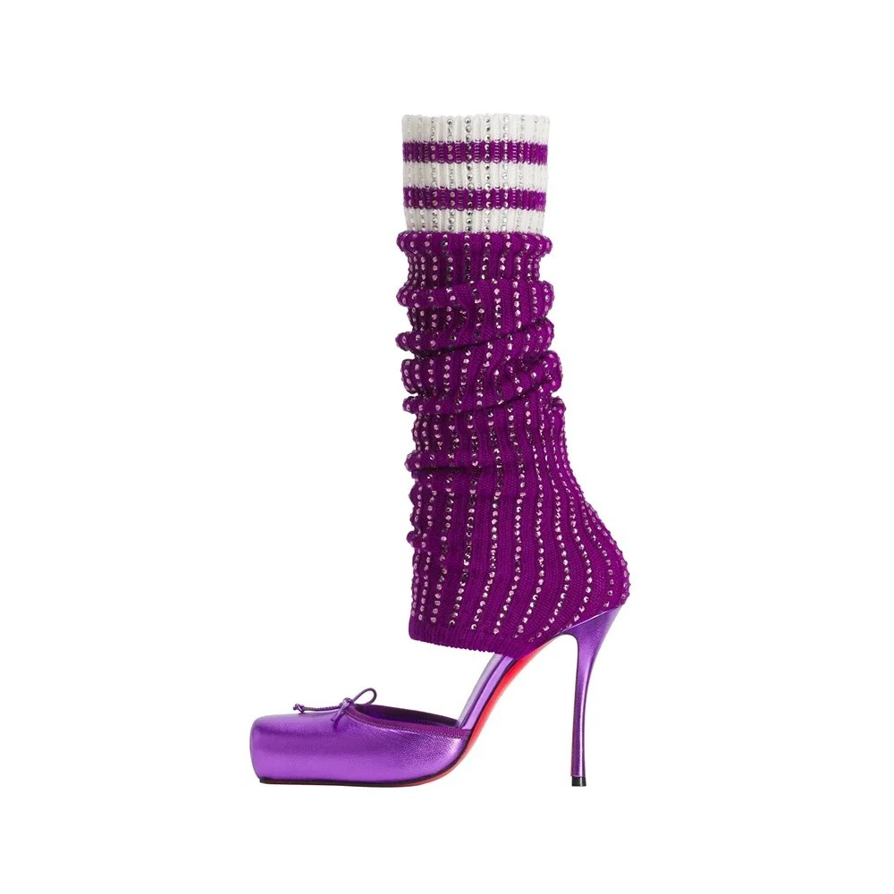 Square-Toe Rhinestone Bow Ballet Knit Sock Boots