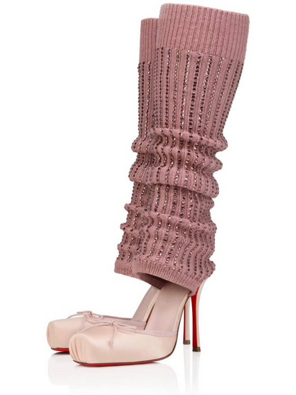 Square-Toe Rhinestone Bow Ballet Knit Sock Boots