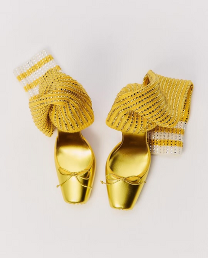 Square-Toe Rhinestone Bow Ballet Knit Sock Boots