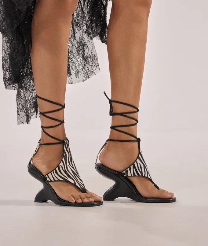 Black Zebra Calf Hair Print Wedge Sandal