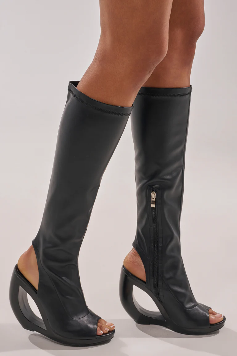 Black Novelty Wedge Knee High Bootie