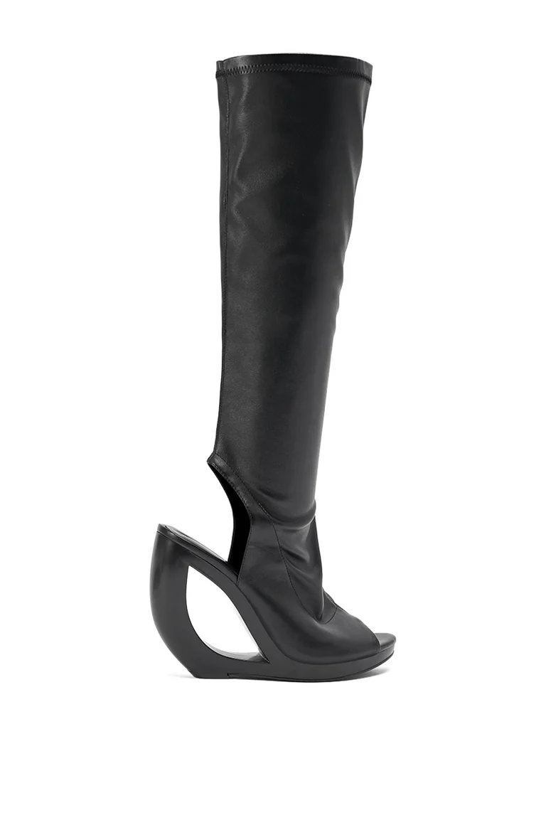 Black Novelty Wedge Knee High Bootie