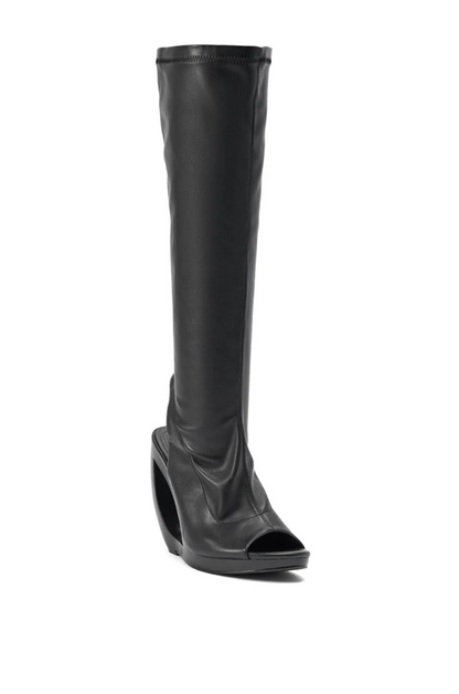 Black Novelty Wedge Knee High Bootie