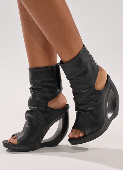 Black Wedge Heel Slip-On Ankle Boots