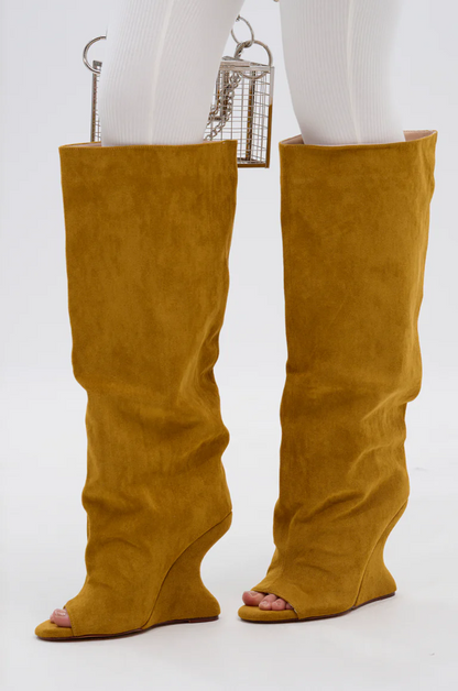 Mustard Suede Open Toe Boot