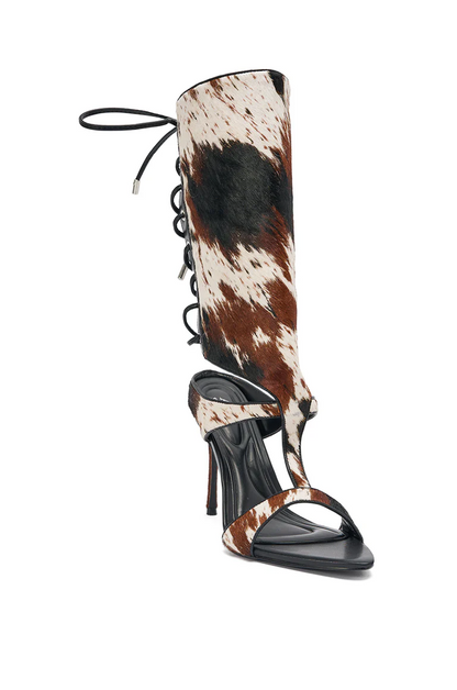 Gold Calf Hair Lace Up Gladiator Stiletto Sandal
