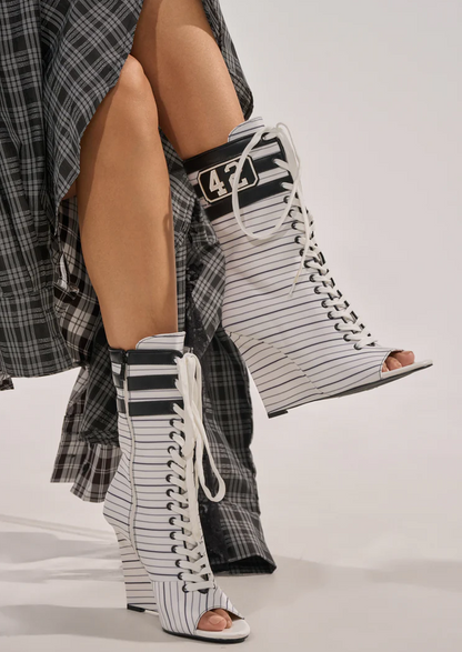 White Striped Nautical Open Toe Bootie
