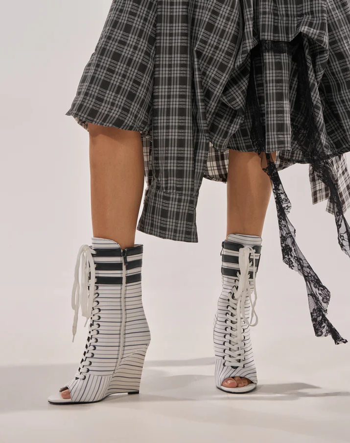 White Striped Nautical Open Toe Bootie