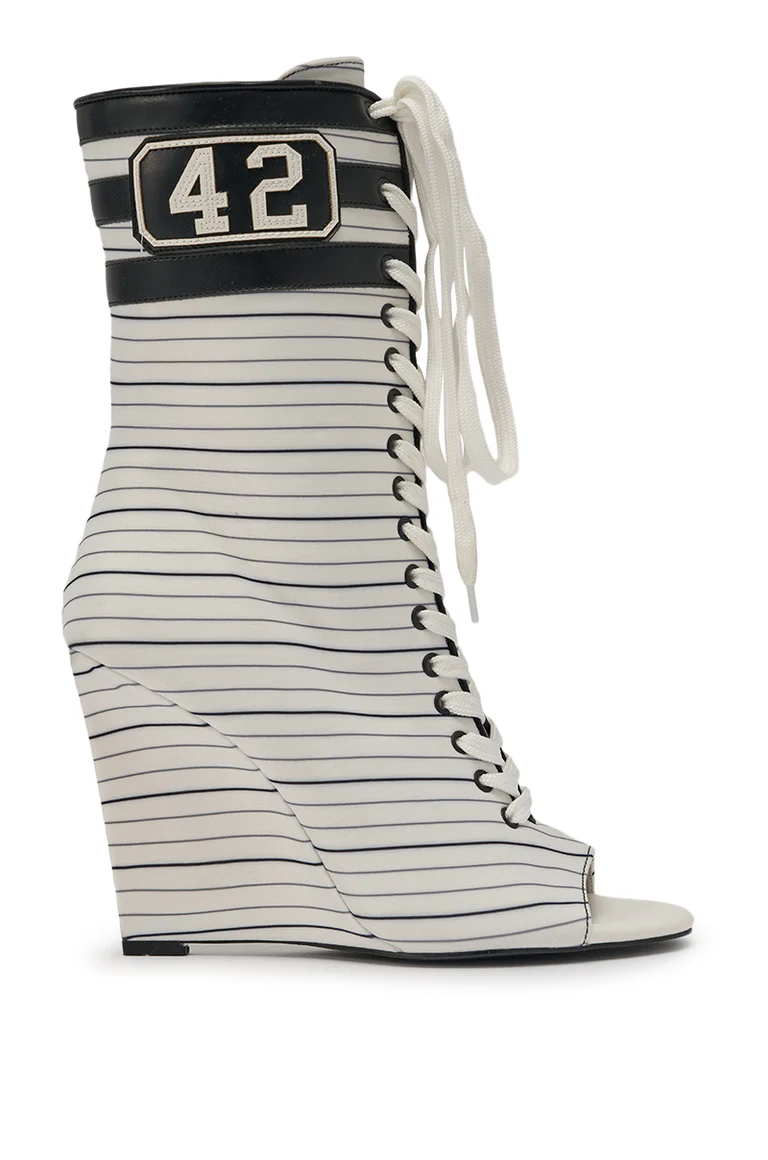 White Striped Nautical Open Toe Bootie