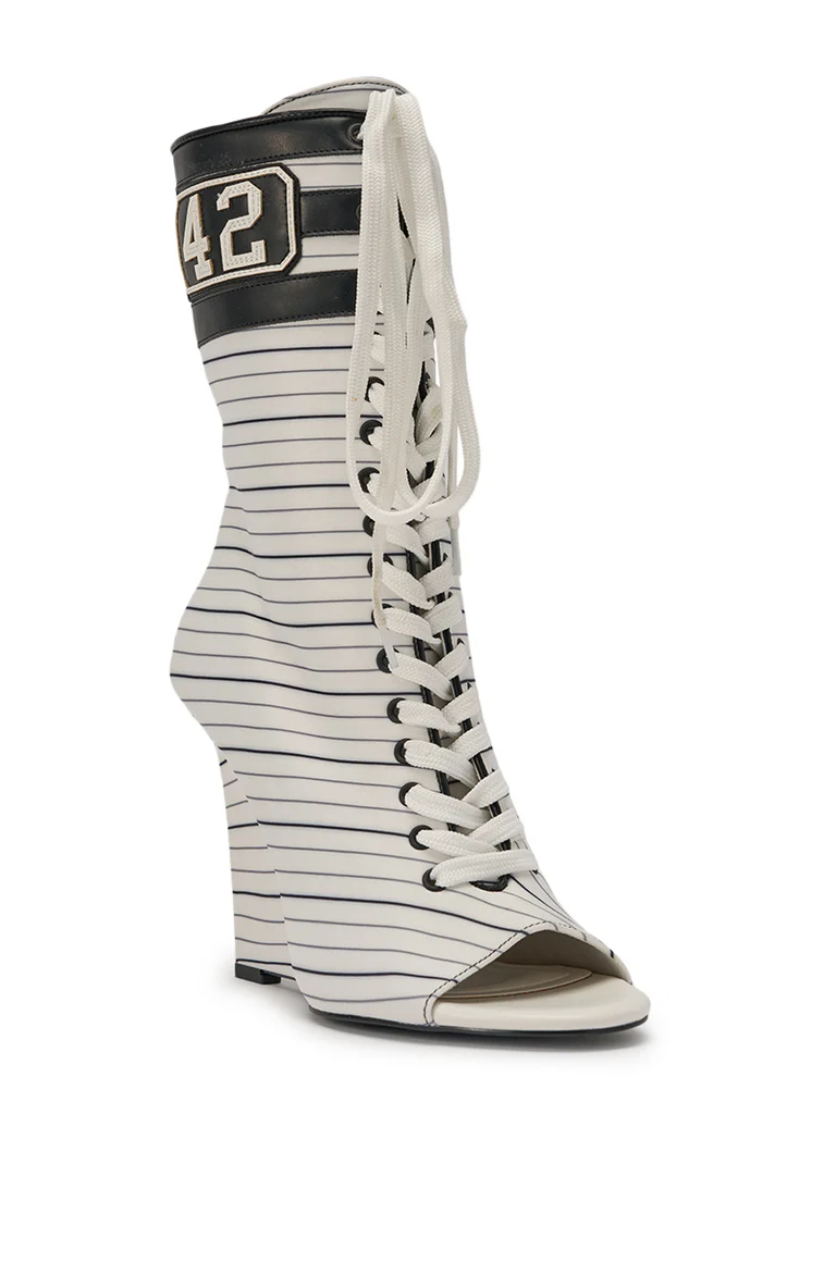White Striped Nautical Open Toe Bootie