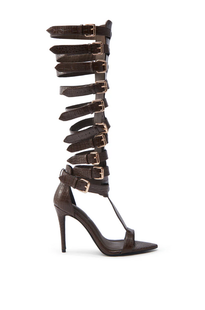 Faux Leather Stiletto Roman Over The Knee Sandals