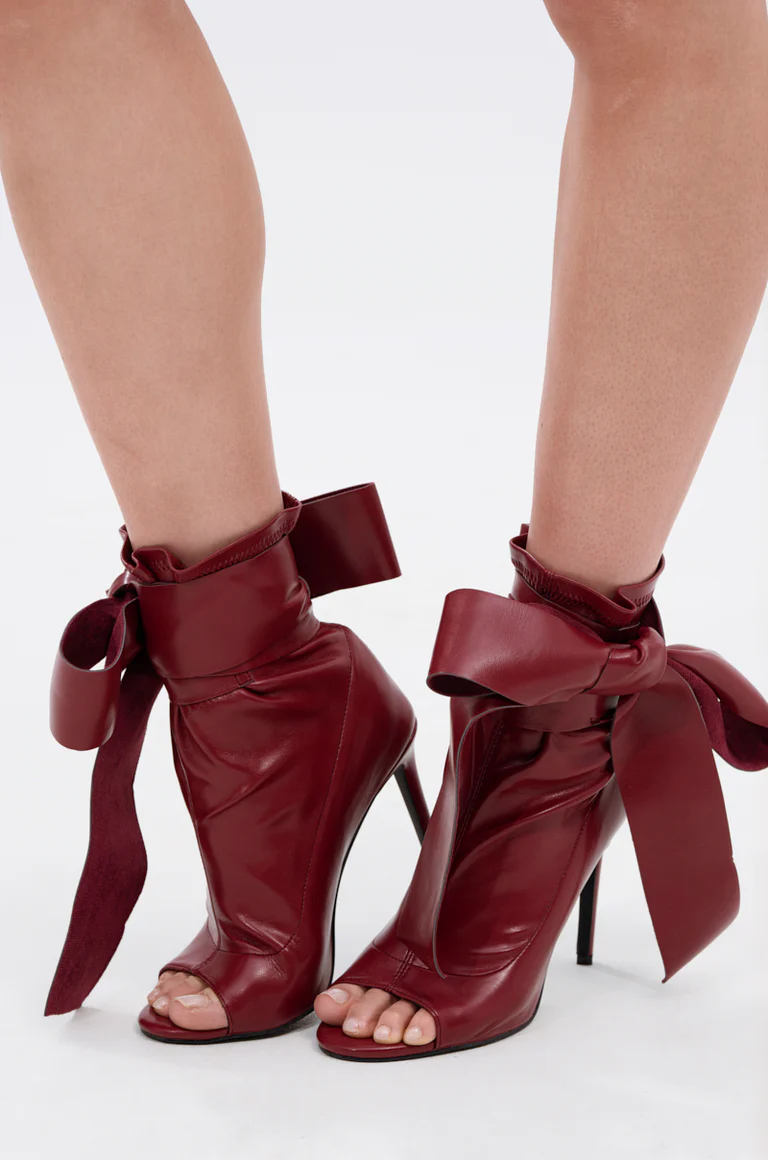 Burgundy Side Bow Stiletto Ankle Boots