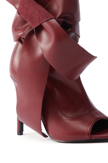 Burgundy Side Bow Stiletto Ankle Boots