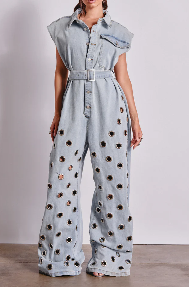 Play Your Cards Right Denim Jumpsuit With Grommets