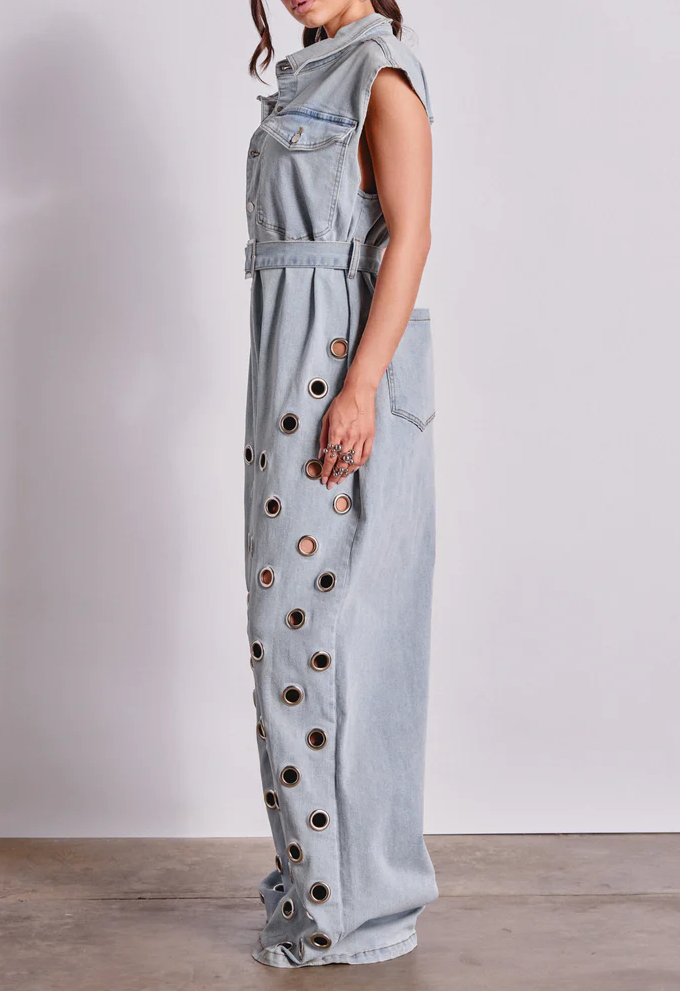 Play Your Cards Right Denim Jumpsuit With Grommets